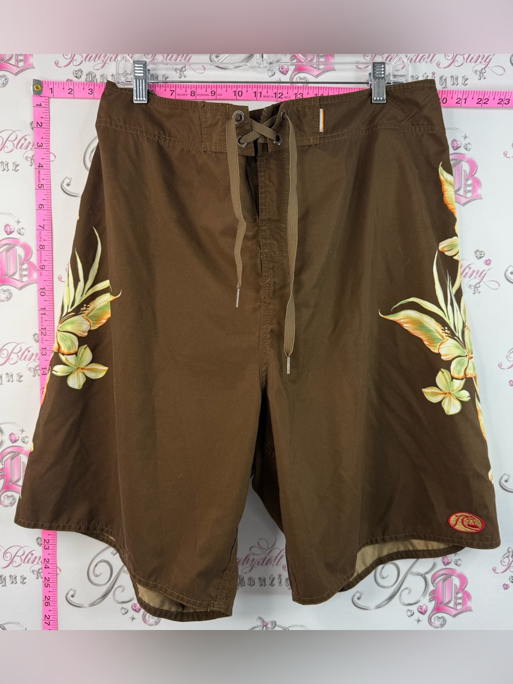 Quiksilver shorts y2k pool Brown Floral Board Shorts with Yellow-Green Accents